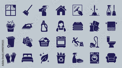 Household Cleaning and Chores Icons Collection on Grey Background