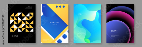 A versatile collection of four professional posters showcasing a variety of styles from geometric patterns to fluid gradients and 3D spheres