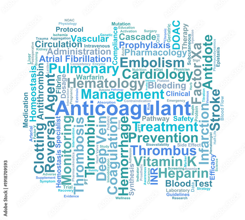 Obraz premium Anticoagulant Word Cloud. Key Terms in Thrombosis Prevention and Hematological Therapy