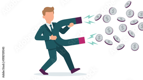 Businessman in a suit attracting dollar coins with a magnet, financial success