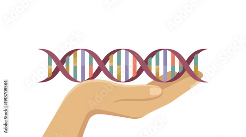 Hand holding a colorful DNA double helix strand, genetics and science concept