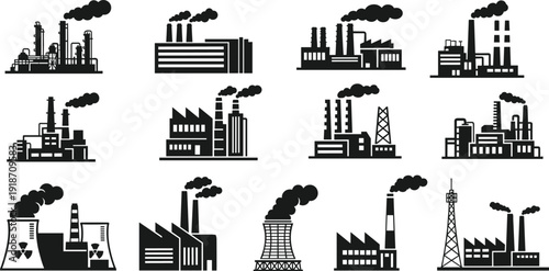 Industrial factory silhouettes set, manufacturing plants collection, power plant industry icons, heavy industry infrastructure, electricity production facilities, industrial manufacturing technology, 