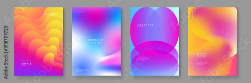 Set of four abstract posters featuring vibrant liquid fluid gradients and organic shapes in pink yellow and blue colors