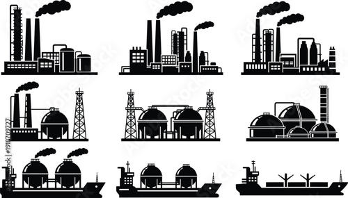 Industrial refinery and energy plant silhouettes set, oil and gas industry facilities, petroleum storage tanks, industrial production infrastructure, energy processing factory illustration