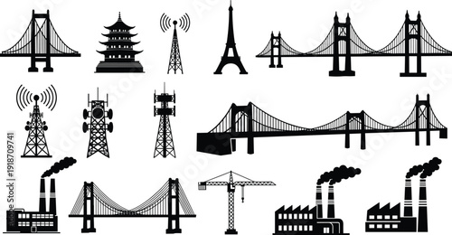 Infrastructure and landmark silhouettes set, bridges and communication towers, industrial factories, urban architecture elements, global landmark icons, construction and engineering 