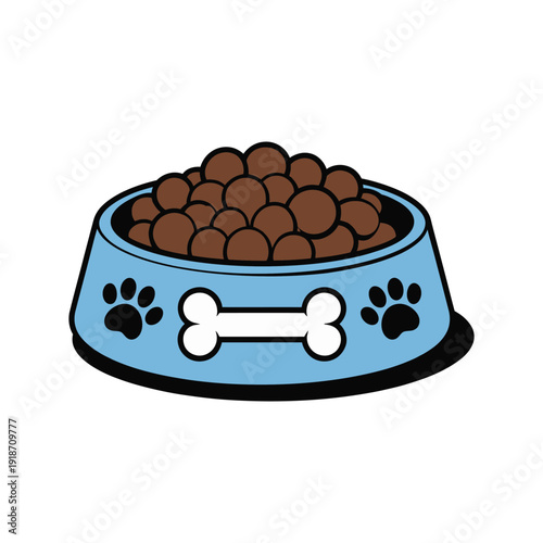 A blue dog bowl filled with kibble and a bone decoration.