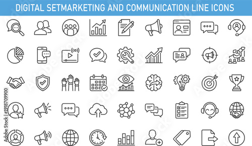 Digital marketing and communication line icons set, business analytics social media outline vector illustration collection
