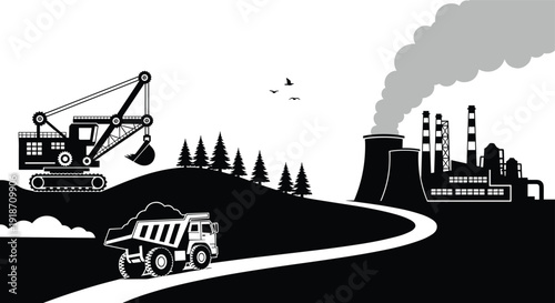 Mining industry landscape, excavator and dump truck operation, industrial factory pollution, heavy equipment extraction, environmental impact concept, industrial production infrastructure