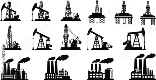 Oil industry equipment silhouettes set, drilling rigs and pump jacks, offshore oil platforms, petroleum refinery factories, fossil fuel production, industrial energy infrastructure illustration