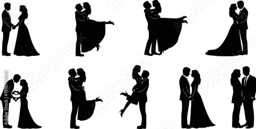 Romantic wedding couple silhouette collection, elegant bride and groom embracing and hugging, passionate lovers standing together vector illustration set.