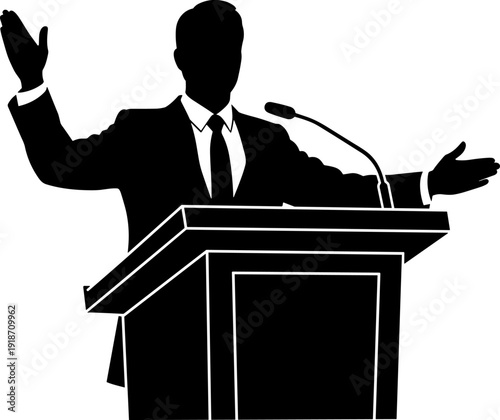 Silhouette of a professional male speaker in a suit giving a speech at a podium with microphone for corporate seminar.