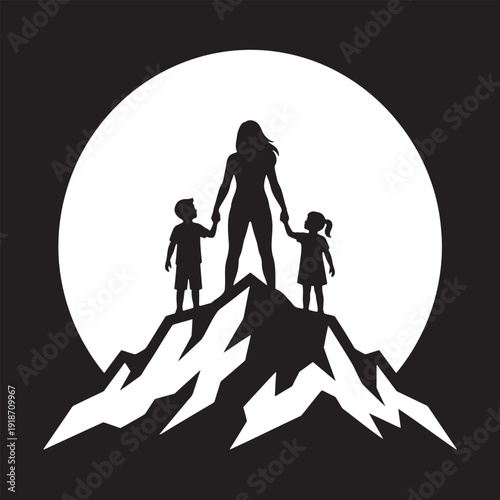 Silhouette of a strong mother standing on a mountain peak with her two children, symbolizing family strength and achievement.