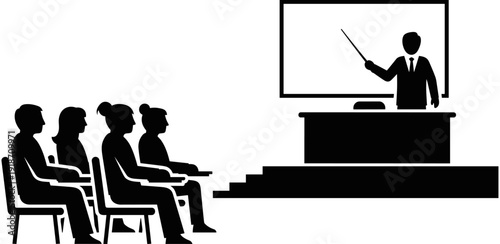 Professor giving lecture to students in classroom silhouette, teacher pointing at whiteboard, university education and academic learning vector illustration.