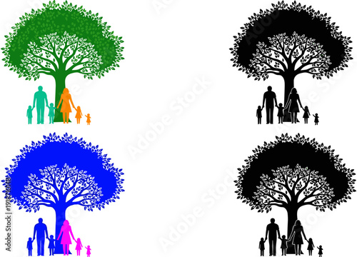 Happy family silhouette under a large leafy tree, colorful icons of parents and children together for nature and life concept.
