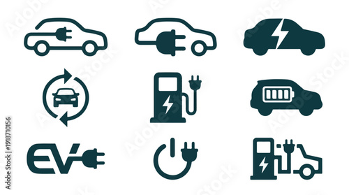 Electric vehicle and charging station vector icon set