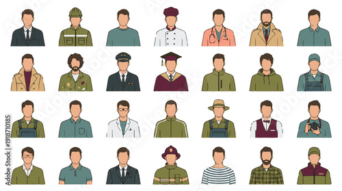 Set of diverse male profession avatars and casual men, flat vector illustration