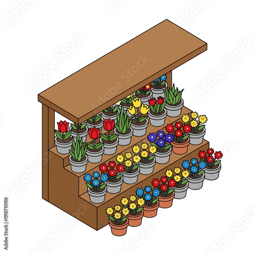 Colorful flowers arranged on a wooden shelf display.