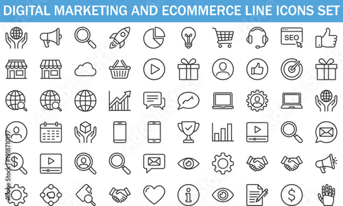 Digital marketing and ecommerce line icons set, SEO, analytics, social media, online business, growth strategy, vector illustration