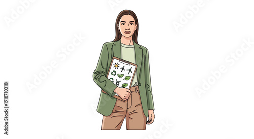 Illustration of a young woman holding a puzzle in a green blazer and brown pants against a clean white background.
