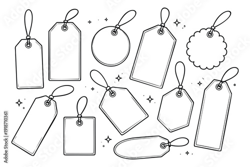 Hand drawn line art price tag set featuring various shapes and styles for sales and promotions