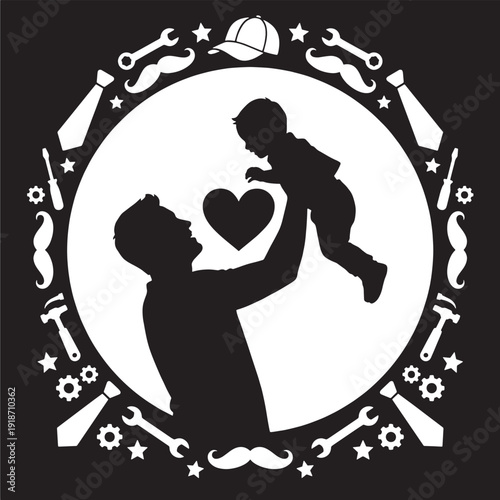 Silhouette of a father holding his child up in the air, surrounded by Father's Day themed icons.