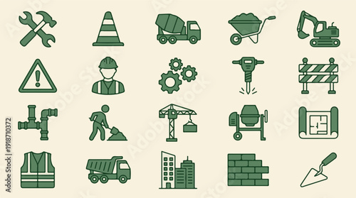 Construction and Industry Vector Icons Set on Light Background