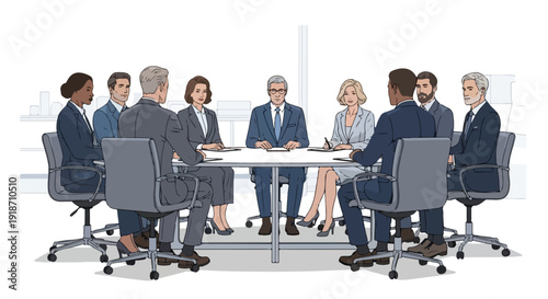 Illustration of a diverse group of business professionals sitting around a conference table in a modern office setting with a neutral color palette.