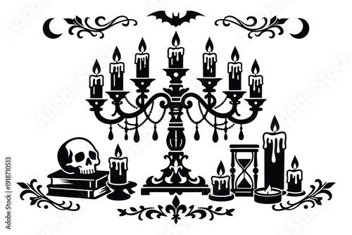 Gothic style decoration set featuring a candelabra, skull, hourglass, and various mystic elements for Halloween