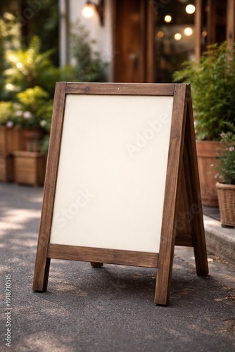 Blank Wooden A-Frame Sandwich Board Mockup on a Sidewalk Outside a Cafe. Empty Sidewalk Sign for Menu or Advertising with Blurred Restaurant Background and Copy Space.