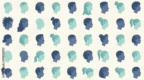 Pattern of diverse human head profiles illustrating variety and individuality