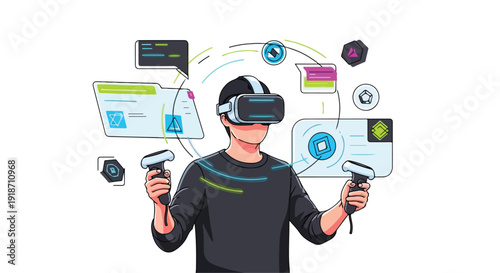 Illustration of a man wearing virtual reality goggles and holding controllers with various digital icons floating around him on a clean white background.