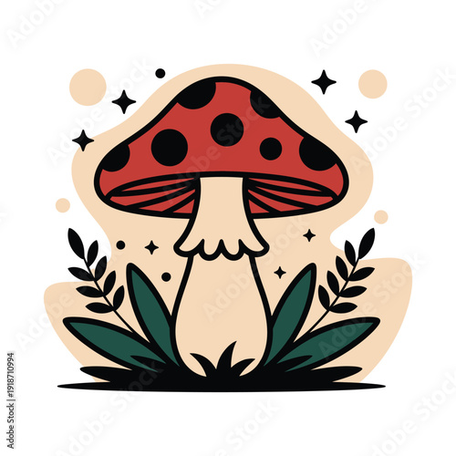 A stylized red mushroom with black spots grows among green leaves.