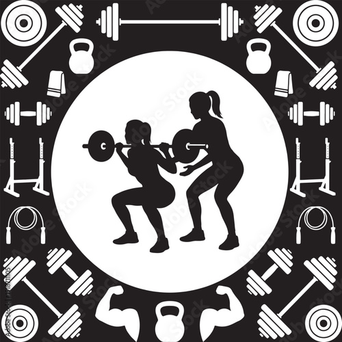 Two women performing a barbell squat exercise with a trainer spotting them, surrounded by gym equipment icons.