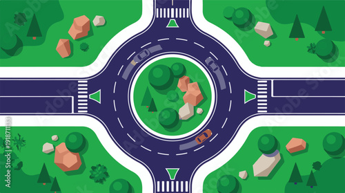 Top-down view of a modern roundabout with cars and green landscape