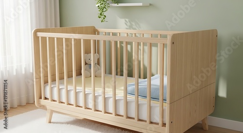 A light colored wooden baby crib sits within a softly lit modern nursery featuring a teddy bear and minimalist decor high quality professional
