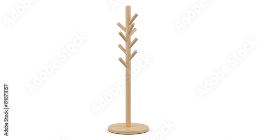 A freestanding wooden coat rack with a circular base and multiple branching arms is displayed on a white background high quality professional detailed