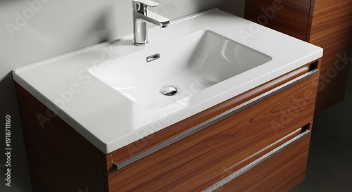 A contemporary bathroom vanity featuring a white ceramic sink and a warm toned wooden cabinet high quality professional detailed modern elegant stylish clean