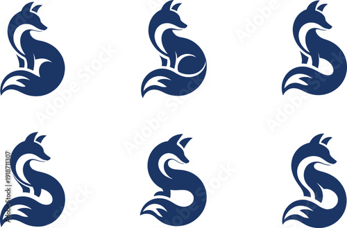 Collection of Six Stylized Dark Blue Fox on White Background