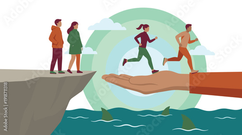 Helping hand provides support and safe passage over dangerous gap for people