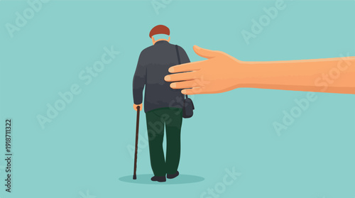A helping hand reaching out to an elderly man walking with a cane, offering support