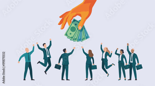Business people celebrating a financial reward from a large hand