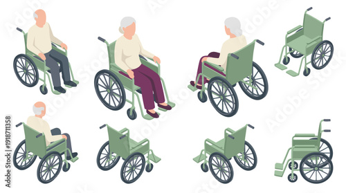 Isometric illustration of elderly people in wheelchairs and empty wheelchairs