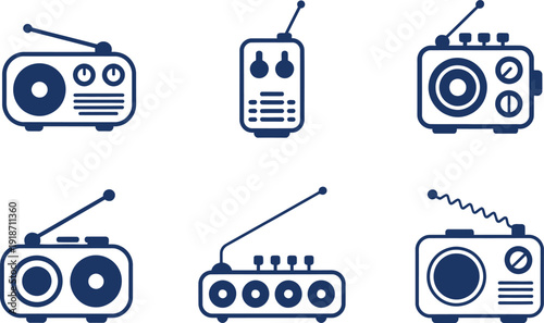Collection of Six Vintage and Modern Radio in Blue Outline