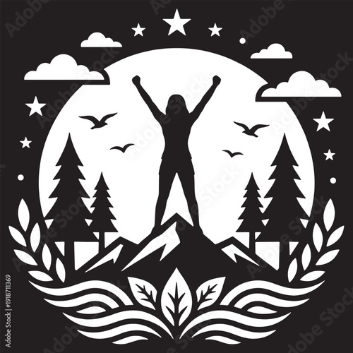 Silhouette of a triumphant woman standing on a mountain peak with arms raised in victory, surrounded by nature elements.
