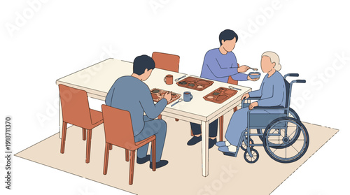 Caregiver assists elderly woman in wheelchair with meal at dining table