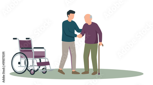 Male caregiver assists senior man with walking stick, wheelchair nearby