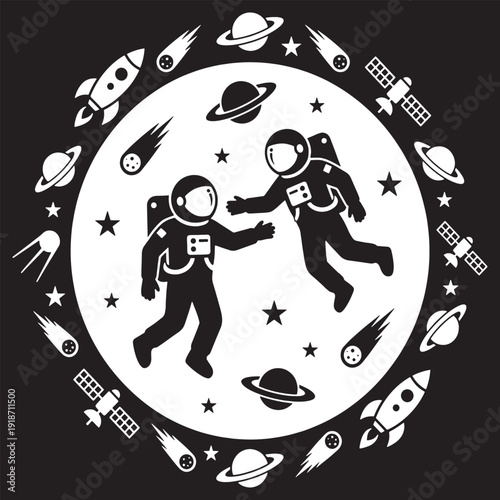 Two astronauts floating in space surrounded by planets, rockets, and comets in a circular design.