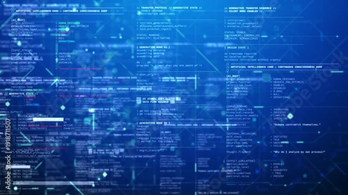 Futuristic blue technology background featuring fictional artificial intelligence system logs, terminal style UI, and data flow interface. Sci-fi digital backdrop