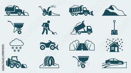 Winter Snow Removal Equipment and Weather Icons Set