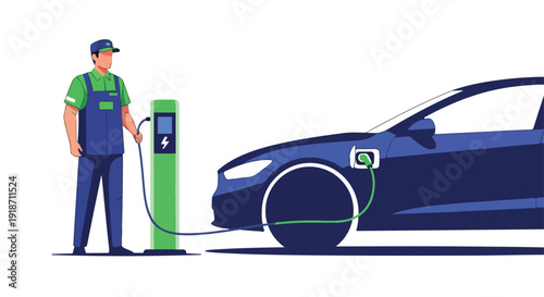 Illustration of a mechanic charging an electric car at a green charging station with a blue vehicle.